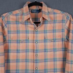 Polo‎ Ralph Lauren Western Pearl Snap Mens Medium Colorful Plaid Flap Pockets